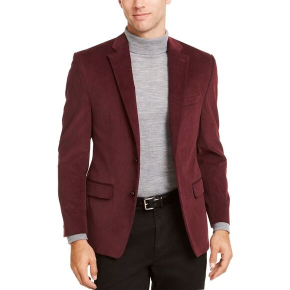 Tommy Hilfiger Mens Modern Fit Elbow Patches Corduroy Sport Coat 48R Burgundy
